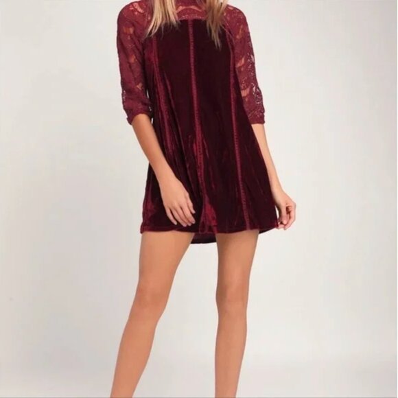 Lulus Love Me Always Dress Burgundy Velvet  Crocheted Lace Sleeves Shift Sz XS - Picture 5 of 16